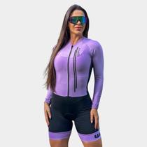 Macaquinho de Ciclismo Feminino Forro Gel Manga Longa Proteção Uv Respirável Bolsos Traseiros Cicloturismo Speed Mtb