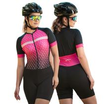Macaquinho de Ciclismo Feminino Manga Curta Way Poá Rosa Forro Espuma Barrinha Dupla Proteção Uv Respirável Bike
