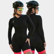 Macaquinho de Ciclismo Feminino Manga Longa Bike Way Fresh Preto Rosa Forro Gel Proteção Uv Respirável Bolsos Traseiros Macaquinho de Ciclismo Feminino Manga Longa Bike Way Fresh Preto Rosa Forro Gel Proteção Uv Respirável Bolsos Traseiros