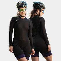 Macaquinho de Ciclismo Feminino Manga Longa Bike Way Fresh Preto Roxo Forro Gel Proteção Uv Respirável Bolsos Traseiros