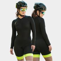 Macaquinho de Ciclismo Feminino Manga Longa Bike Way Fresh Preto Verde Forro Gel Proteção Uv Respirável Bolsos Traseiros