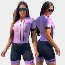 Macaquinho de Ciclismo Way Air Pro Lilás Claro Manga Longa Forro Gel Proteção Uv Respirável Ziper Pedal Bike Cicloturismo