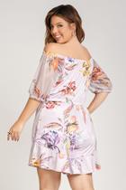 Macaquinho estampado com babado na barra amarração no cós recorte no decote e mangas em tule