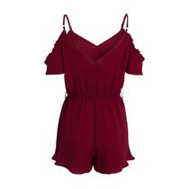 Macaquinho Feminino bordado com Flor, Decote Cruzado e Elástico na Cintura com Alças Reguláveis Macaquinho Feminino bordado com Flor, Decote Cruzado e Elástico na Cintura com Alças Reguláveis