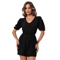 Macaquinho Feminino Com Cordão Na Cintura e Manga Bufante Moda Verão Premium