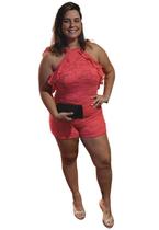 Macaquinho Feminino Curto Renda Gola Bojo Rosa Modela Corpo