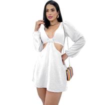 Macaquinho Feminino Curto Viscose Manga Longa Bufante Decotado Soltinho