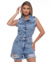 Macaquinho Feminino Jeans Barra a Fio Destroyed Razon Jeans