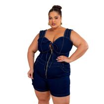 Macaquinho Feminino Jeans Lycra Premium Alça Larga com Elástico Plus Size Macaquinho Feminino Jeans Lycra Premium Alça Larga com Elástico Plus Size