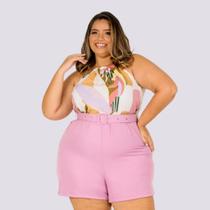 Macaquinho Feminino Plus Size Estampado + Liso Cinto 0300