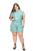Macaquinho Feminino Sarja Plus Verde Agua Com Bolso Embutido