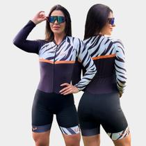 Macaquinho Feminino Sublimado Manga Longa Forro Gel Proteção UV Respirável Zíper Bolsos Traseiros