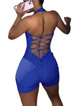 Macaquinho feminino WDIRARA com decote V profundo e sem mangas, azul, tamanho G Macaquinho feminino WDIRARA com decote V profundo e sem mangas, azul, tamanho G