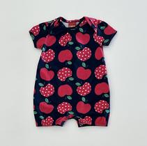 Macaquinho Infantil Kyly Azul Marinho Estampado Maçãs Vermelhas Algodão Confortável Moda Baby Verão