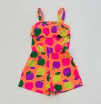 Macaquinho Infantil Menina Bimbi Neon Estampado De Maçãs Coloridas Com Babado Frontal