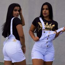 Macaquinho jardineira branca jeans com lycra studio designer jeans Macaquinho jardineira branca jeans com lycra studio designer jeans