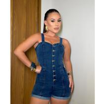 Macaquinho Jeans feminino com lycra de Alça e bainha Virada -
