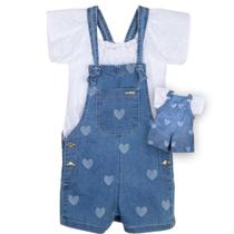 Macaquinho jeans infantil menina blusa e roupinha de boneca Cor:AzulTamanho:8 Macaquinho jeans infantil menina blusa e roupinha de boneca Cor:AzulTamanho:8