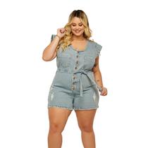 Macaquinho Jeans Plus Size Lycra Com Botões Tamanho Grande Modelador com Cinto Valoriza as Curvas