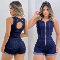 Macaquinho Jeans Shorts Feminino Curto Com Lycra Modinha Blogueira Empina Bumbum