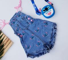 Macaquinho jeans Stich - minnie - ursinho - modinha menina Macaquinho jeans Stich - minnie - ursinho - modinha menina