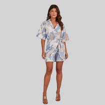 Macaquinho Jumpsuit Feminino com Estampa Folhagem Azul Lado Avesso