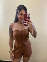 Macaquinho Linho Marrom Colete Alfaiataria Feminino Verão Estiloso Lindo