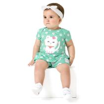 Macaquinho Menina Kyly Em Meia Malha Turmalina com Flores e Estampa de Gatinho