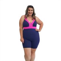 Macaquinho Natação Light Plus Size Azul Marinho e Pink com Sustentação