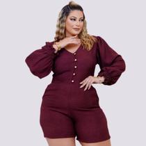 Macaquinho Plus Size Feminino Curto Manga Longa com botões