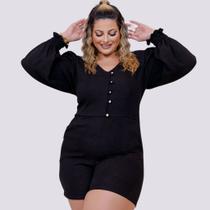 Macaquinho Plus Size Feminino Curto Manga Longa com botões