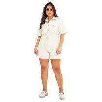 Macaquinho Plus Size Feminino em Linho Casual Chic Utilitário Moda Fashion