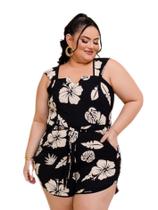 Macaquinho Plus Size Feminino Estampado Com Faixa 0436 Macaquinho Plus Size Feminino Estampado Com Faixa 0436