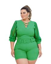 Macaquinho Plus Size Feminino Manga Longa de Tule 0415