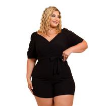 Macaquinho Plus Size Feminino Manga Princesa 3/4 Com Faixa