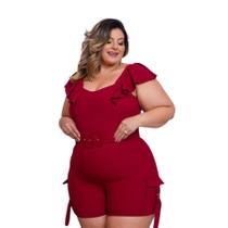 Macaquinho Plus Size Manga Babado Bolso Lateral + Cinto 0542 Macaquinho Plus Size Manga Babado Bolso Lateral + Cinto 0542