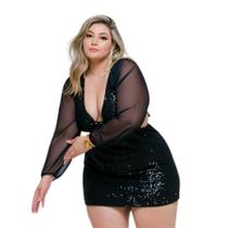 Macaquinho Plus Size Short Saia Paetê Manga Longa Tule 0579 Macaquinho Plus Size Short Saia Paetê Manga Longa Tule 0579