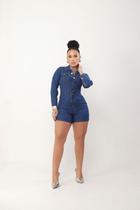Macaquinho shorte jeans fino laycra mangas longa Macaquinho shorte jeans fino laycra mangas longa