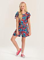 Macaquinho Verão Menina Azul Com Amarração nas Costas Aves Tropicais