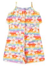 Macaquinho Verão Menina Laranja Com Babado Flores e Listras