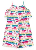 Macaquinho Verão Menina Pink Com Babado Flores e Listras