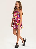 Macaquinho Verão Menina Pink Com Laço Aplicado Frutinhas Tropicais