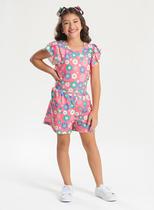 Macaquinho Verão Menina Rosa com Babado e Amarração nas Costas Florzinhas