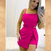 Macaquinho Vestido Com Short e Saia Bojo Alças Reguláveis Elegante Recorte Na Cintura P M G Cores Tecido Premium Sexy Fenda Confortável Alta Qualidade
