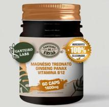 Magnésio Treonato + Ginseng Panax + Vitamina B12 60caps 1600mg Canteiro de Ervas