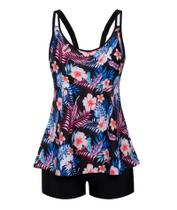 Maiô Arolina Retro Tummy Control Tankini Preto Floral 22W