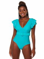 Maiô Body Decote V Retro com Mangas e Cinto Verde Maiô Body Decote V Retro com Mangas e Cinto Verde