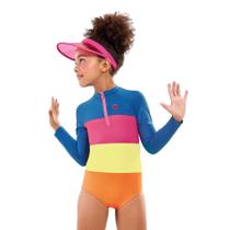 Maiô Body Infantil Manga Longa com Zíper Azul, Pink e Laranja Kamylus