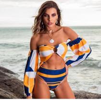 Maiô Body Moda Praia Cor Azul Branco Amarelo