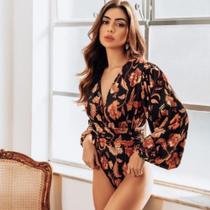 Maiô Body Moda Praia Cor Preto Floral